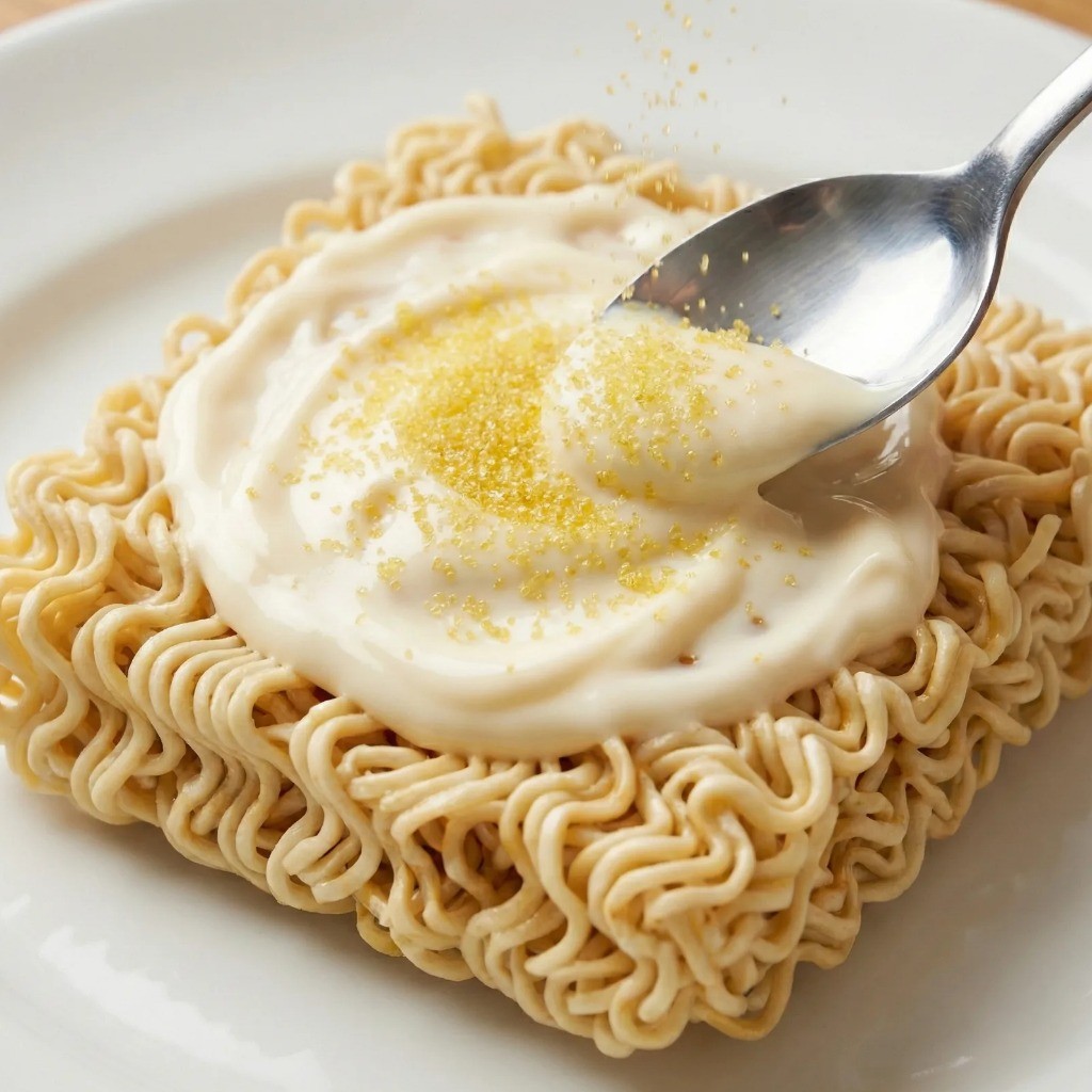 라면 위에 마요네즈와 설탕 골고루 펴 바르는 과정