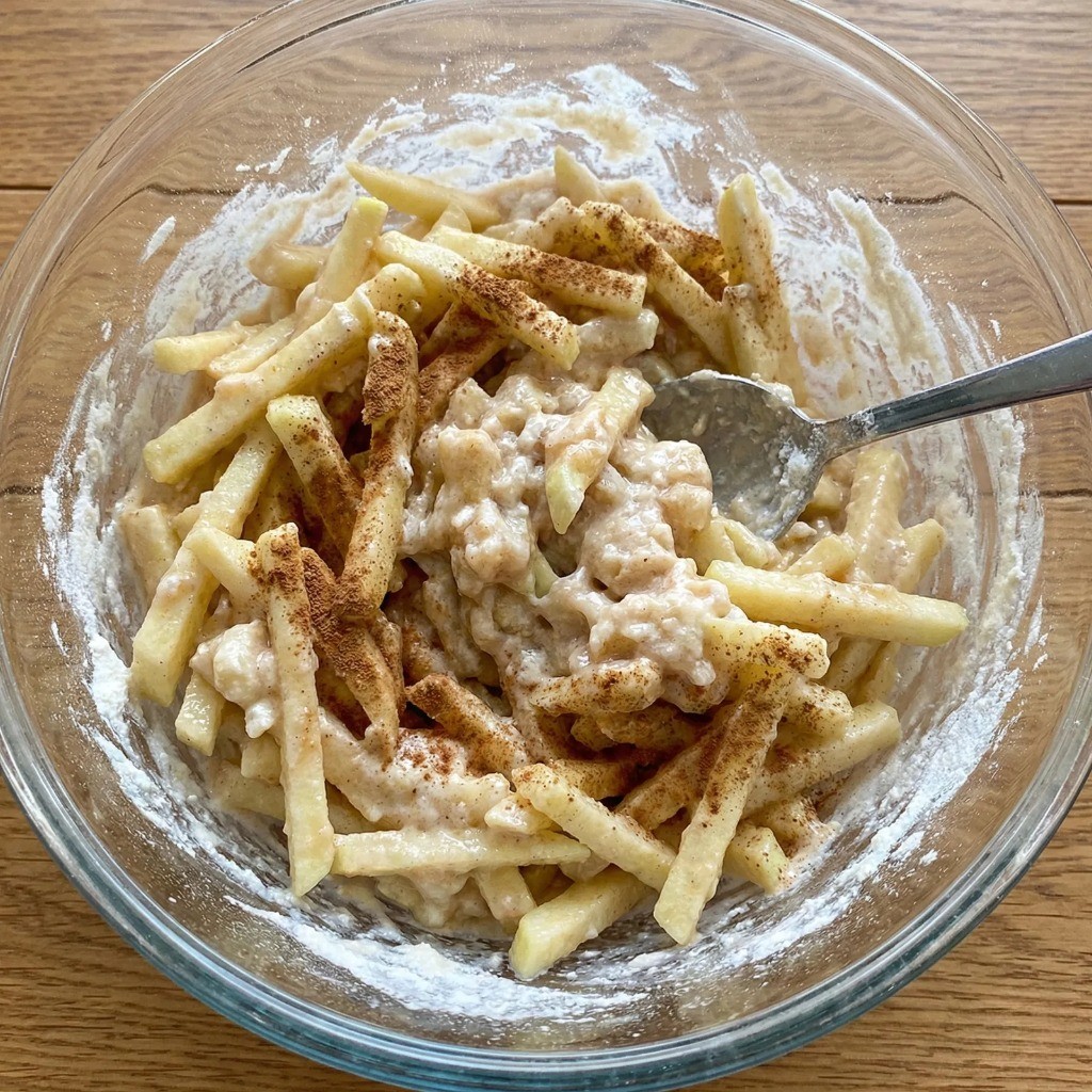 사과전 반죽 만들기: 사과채, 설탕, 계피가루, 부침가루 섞기