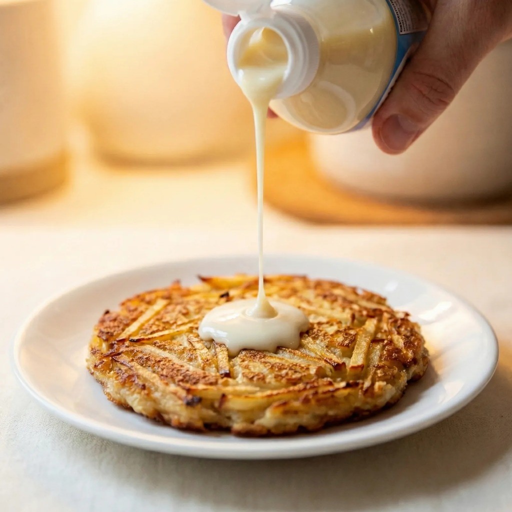 백종원 사과요리 디저트: 완성된 사과전에 연유 뿌리기