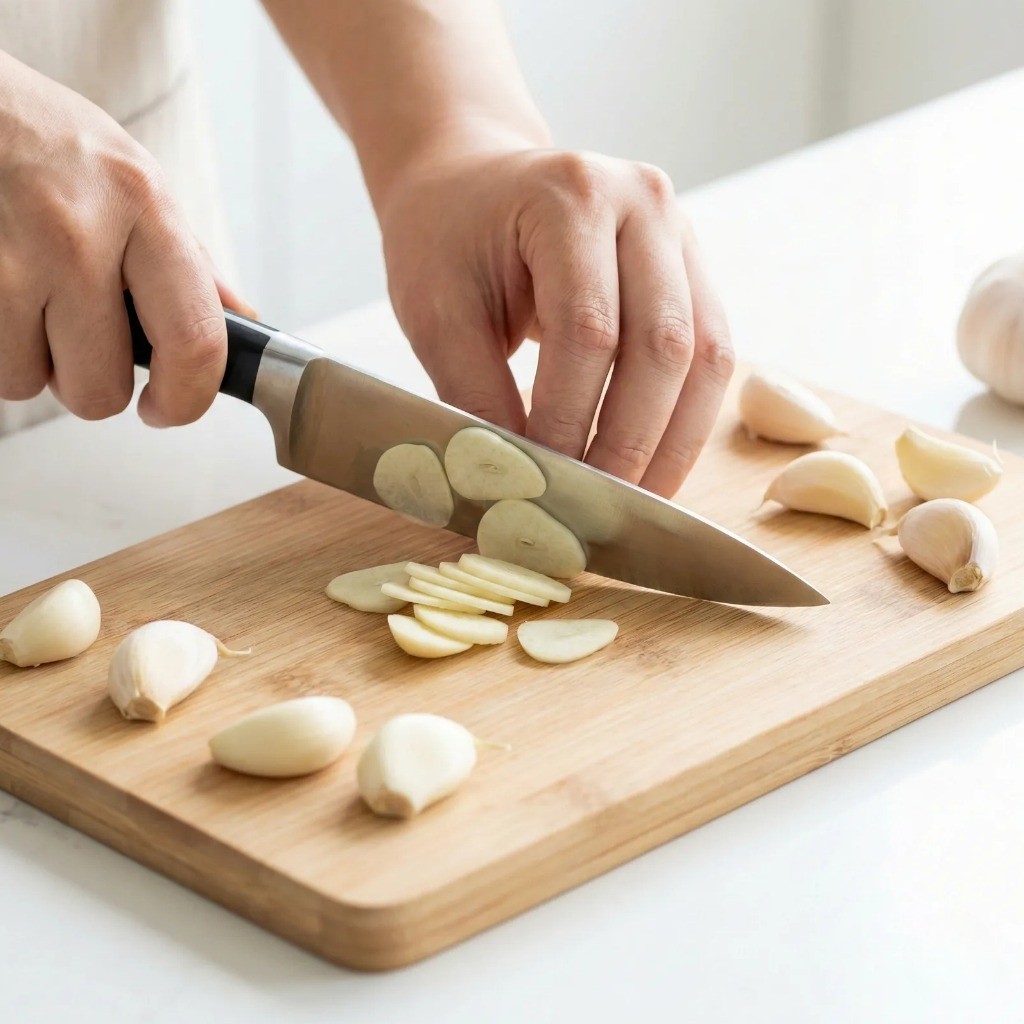 백종원 꽁치볶음밥 레시피 1단계: 통마늘 편썰기 재료 손질