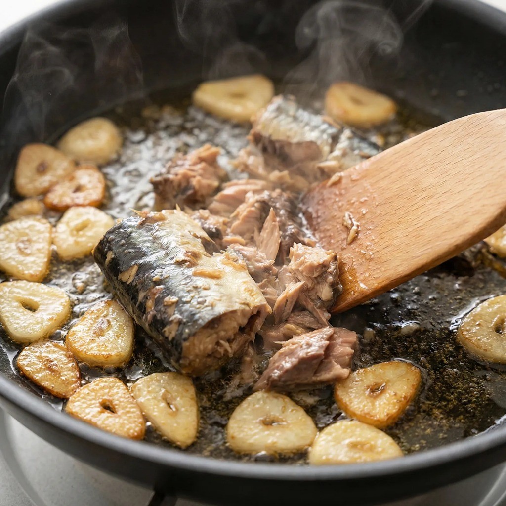 백종원 꽁치볶음밥 레시피 3단계: 꽁치 통조림 넣고 으깨며 수분 날려 비린내 제거하기