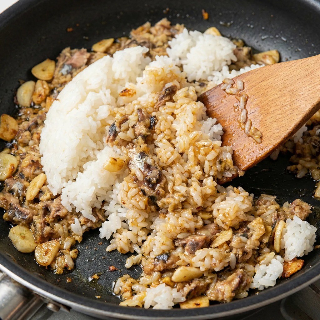 백종원 꽁치볶음밥 레시피 4단계: 고슬고슬한 밥 넣고 재료와 잘 섞이도록 볶기