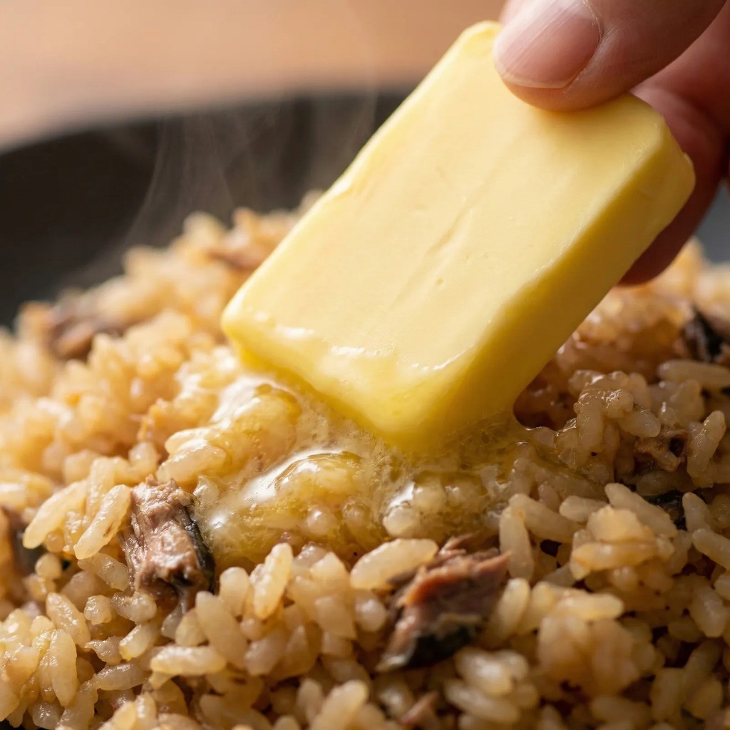 백종원 꽁치볶음밥 레시피 5단계: 맛소금과 후추로 간하고 버터 넣어 풍미 더하기