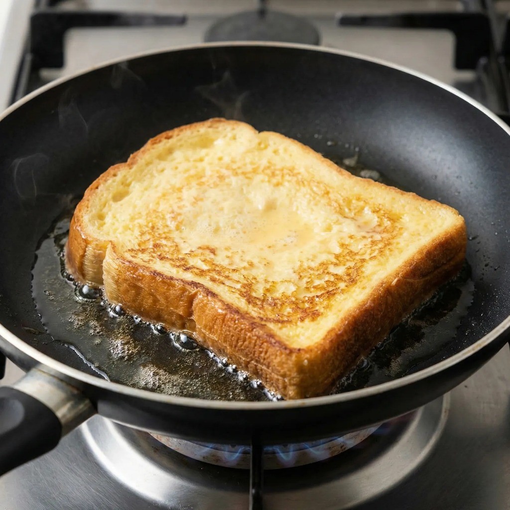 프라이팬에서 노릇하게 구워지는 토스트