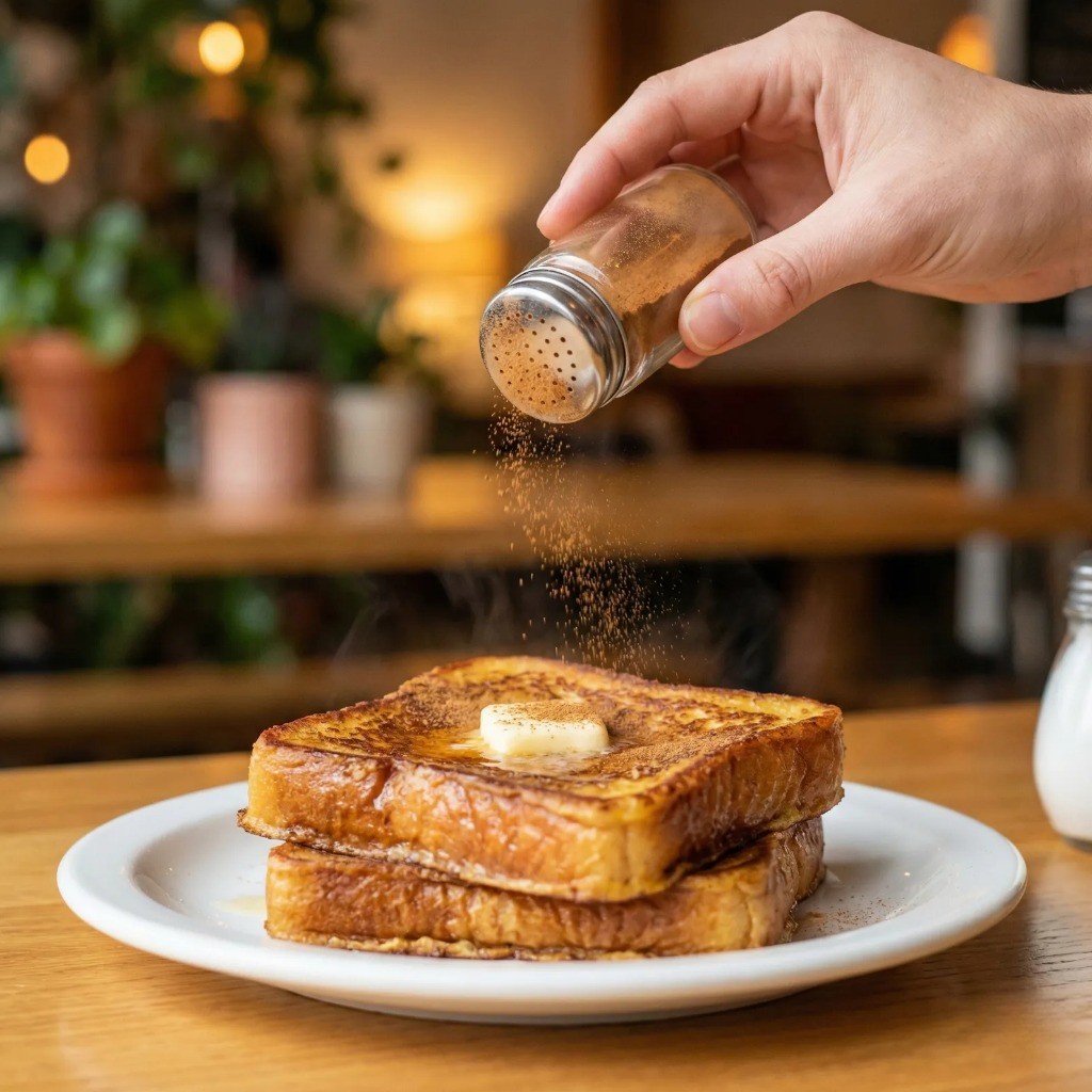 완성된 프렌치토스트에 버터를 올리는 모습