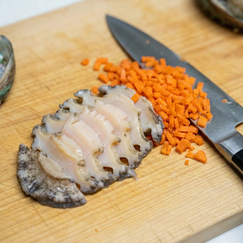 전복죽 재료 손질: 전복 살 얇게 편 썰기와 당근 다지기