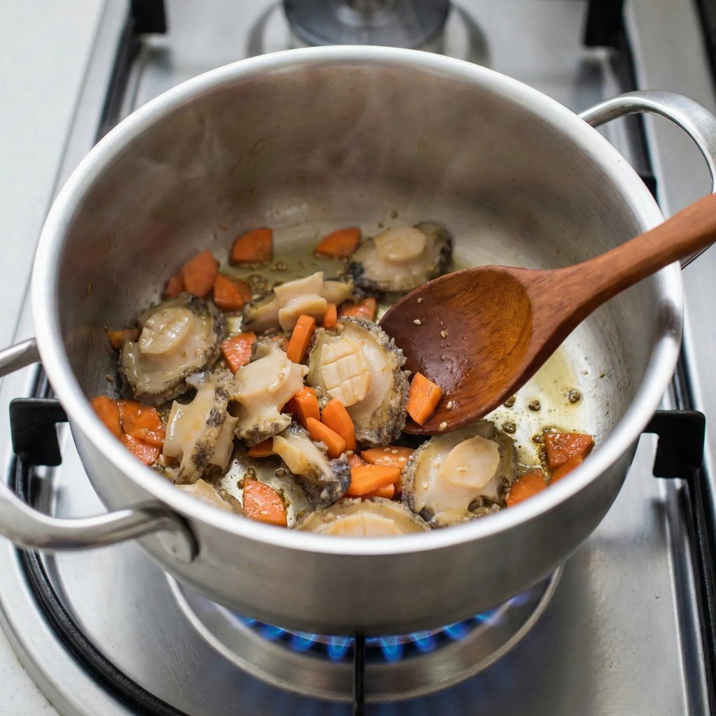 전복죽 끓이는 법: 냄비에 참기름 두르고 전복 살 볶기