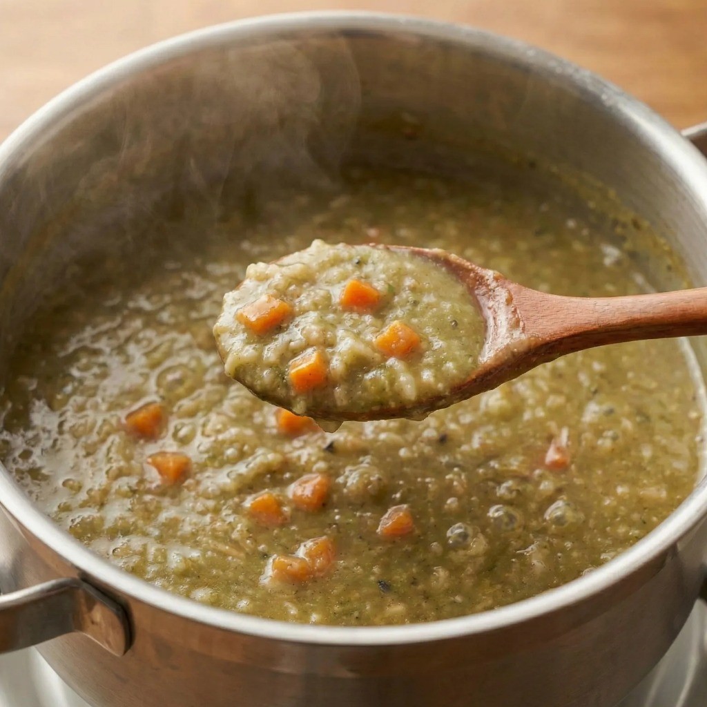 전복죽 조리 과정: 밥물 붓고 눌어붙지 않게 저어가며 끓이기