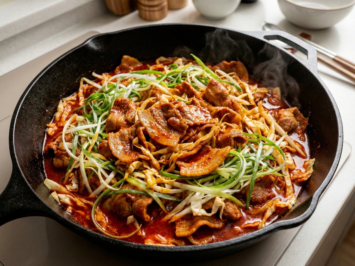 백종원 대패삼겹살 두루치기 완성 - 파채와 고기의 조화