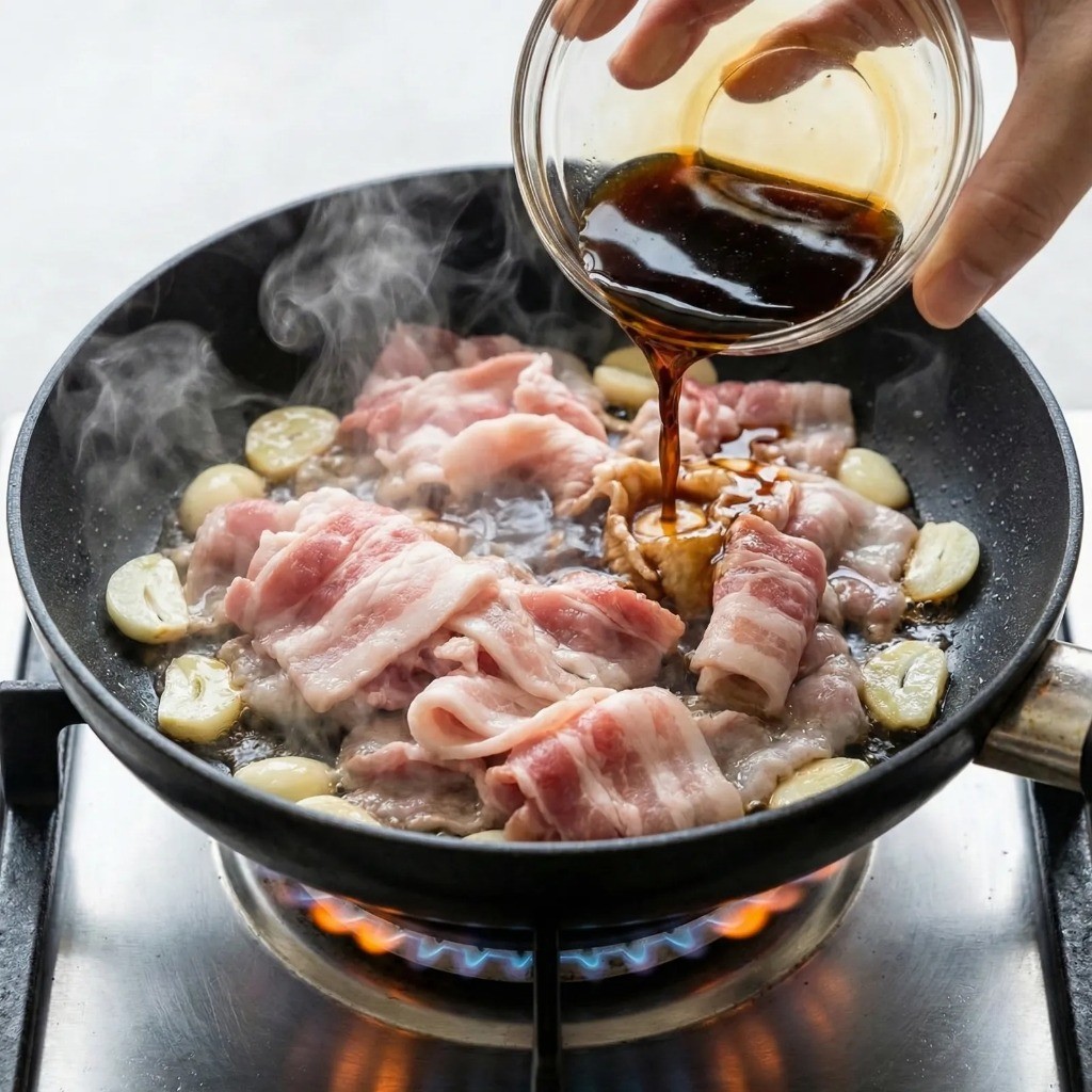 프라이팬에 대패삼겹살 굽기 및 간장 소스로 밑간하기