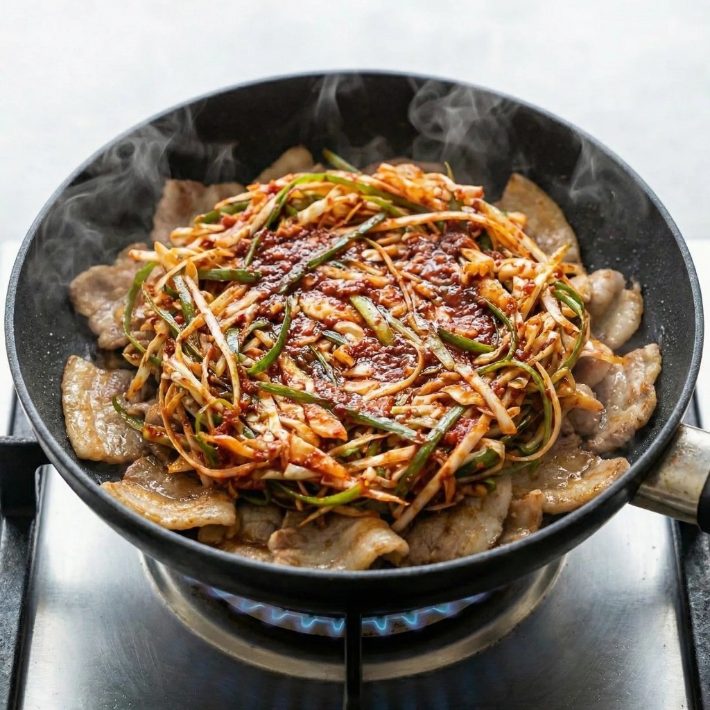 익은 고기 위에 파채 무침 올리고 찌듯이 조리하는 과정