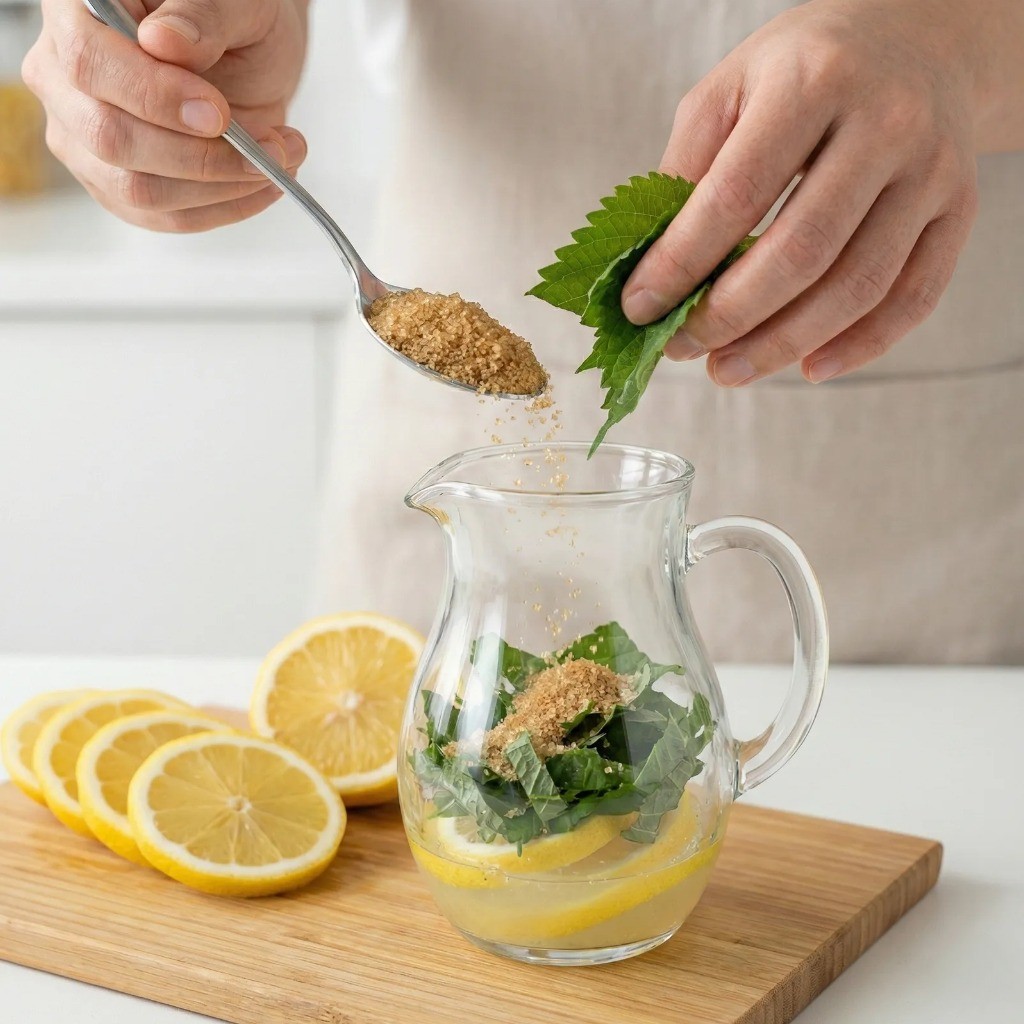 모히또 만들기 과정: 찢은 깻잎과 황설탕을 유리 주전자에 담는 모습