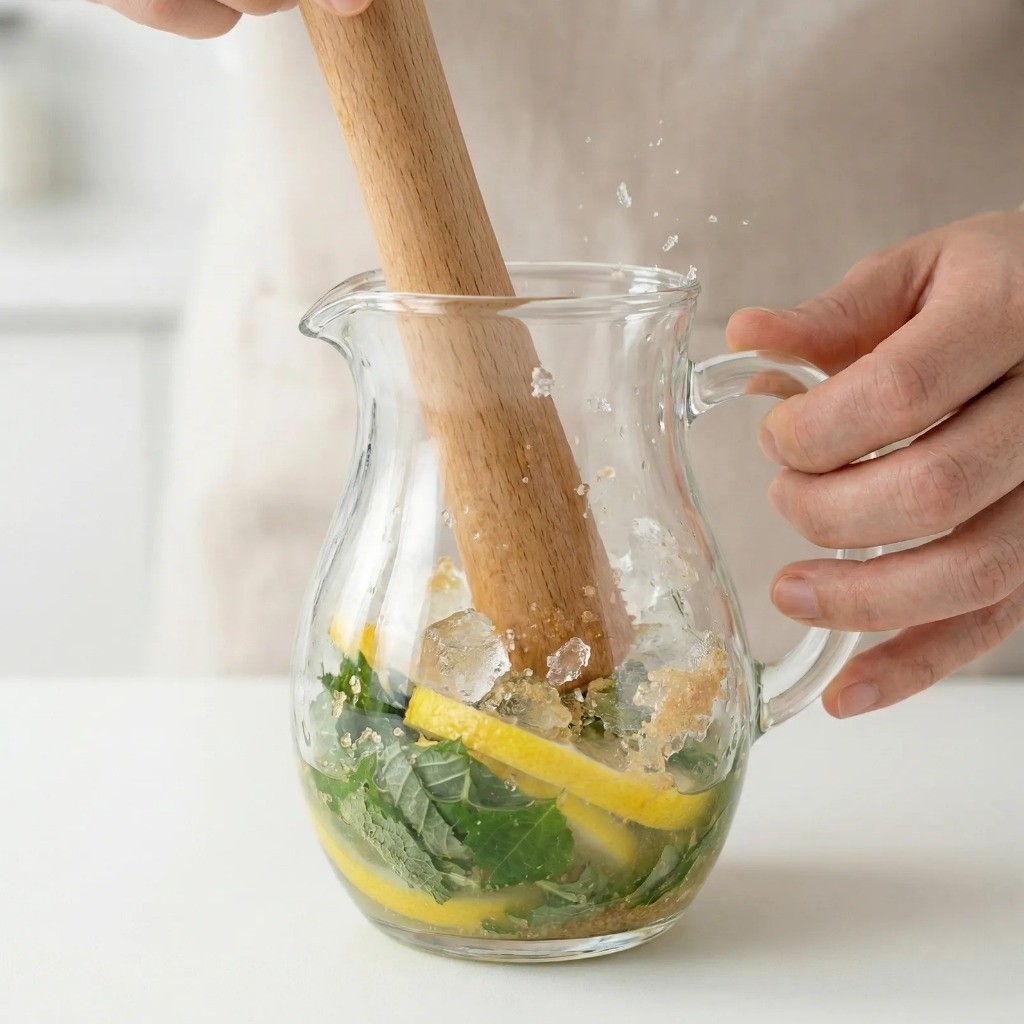 칵테일 풍미 살리기: 얼음과 레몬, 깻잎을 밀대로 으깨는 머들링 과정