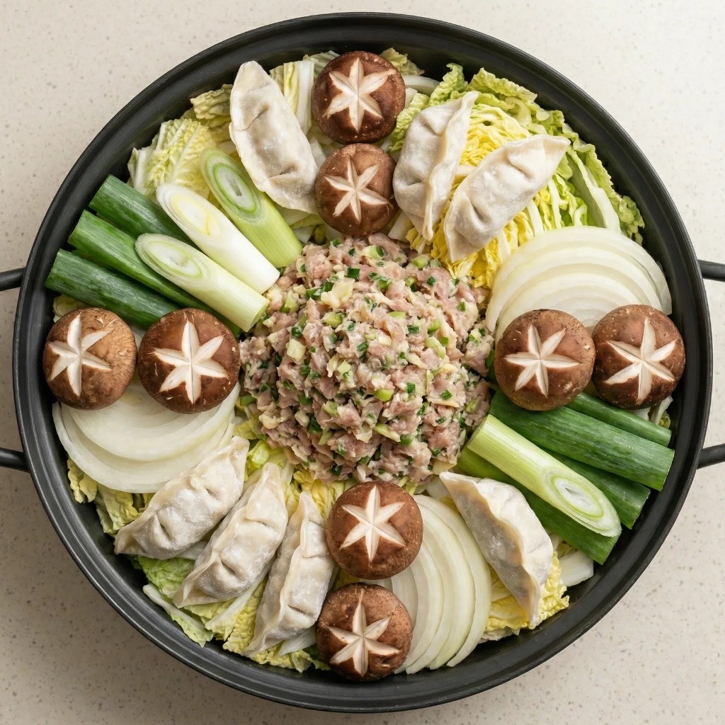 만두전골 냄비 세팅 - 다진 만두소 위에 채소와 만두 예쁘게 담는 법