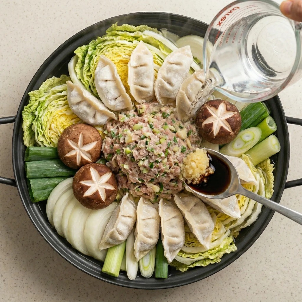 만두전골 끓이기 - 물 붓고 국간장 간 마늘 양념 넣어 끓이는 과정