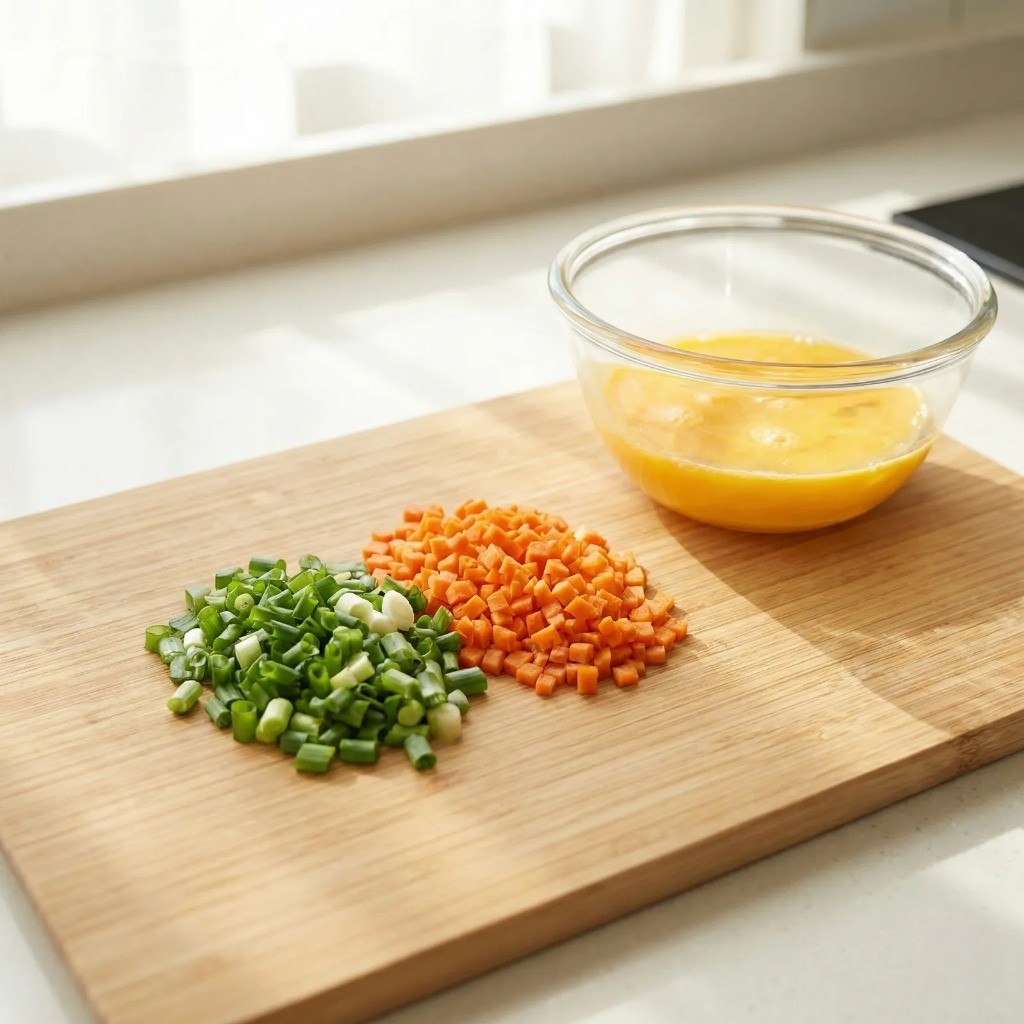 중국식 볶음밥 재료 손질 - 송송 썬 대파와 다진 당근, 풀어진 계란