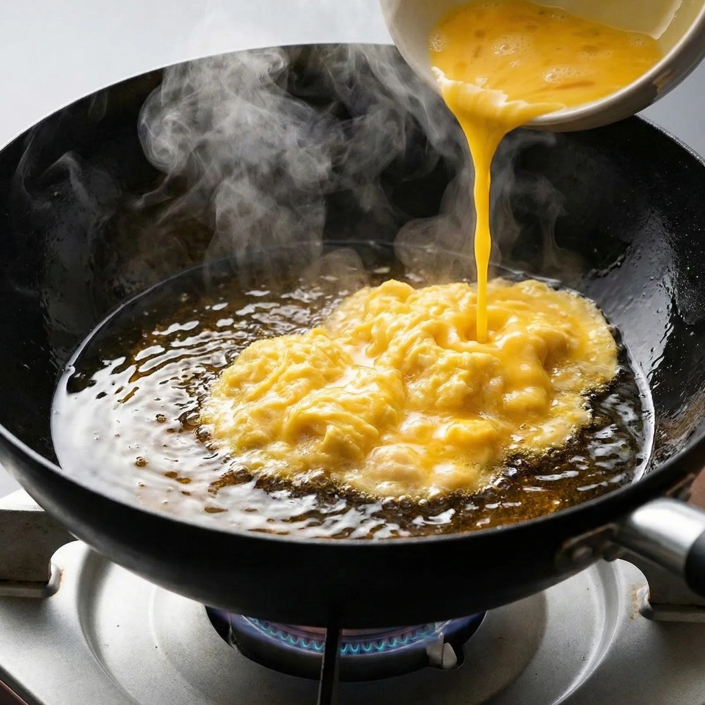 프라이팬에 넉넉한 식용유를 두르고 계란 스크램블 만들기