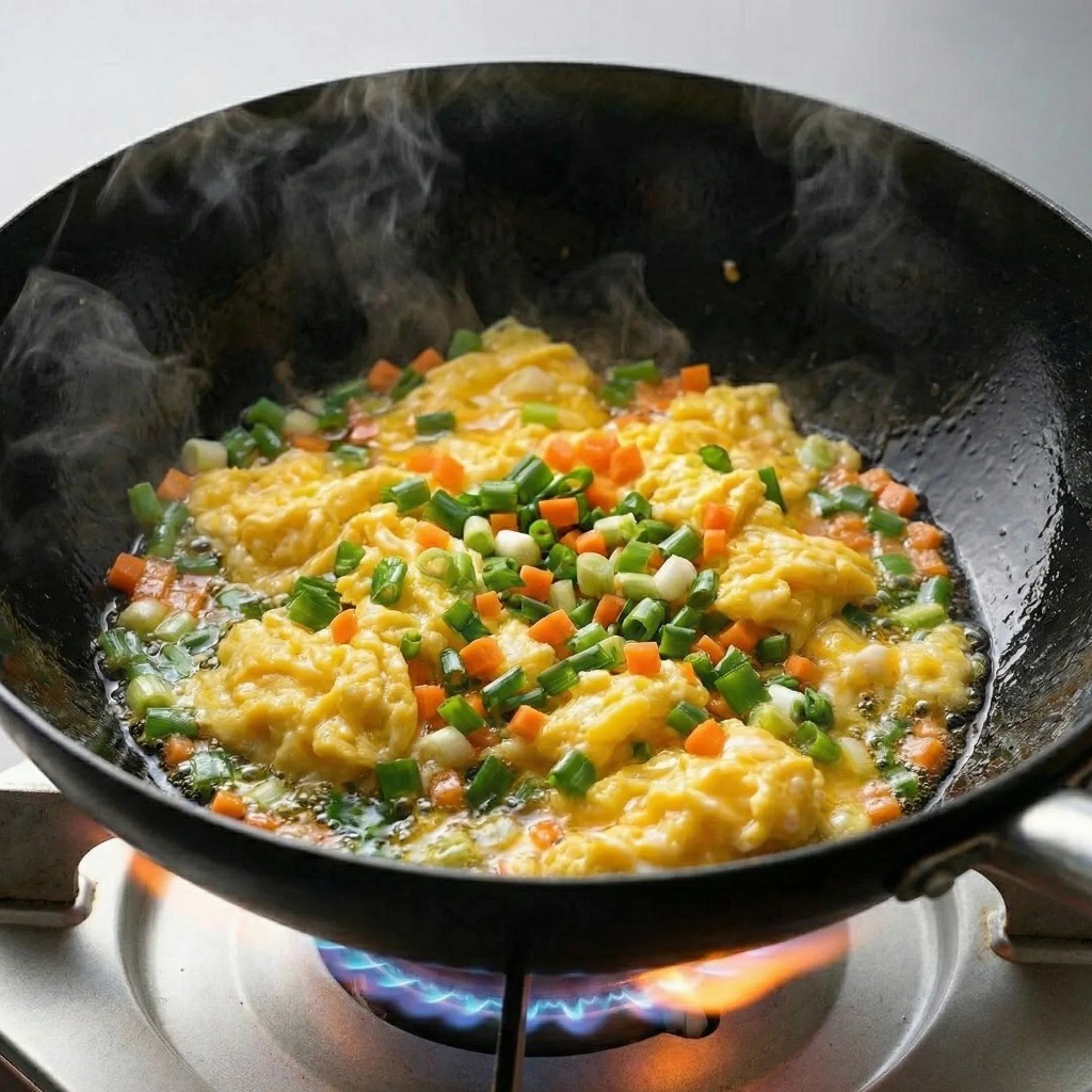 스크램블 에그에 대파와 당근을 넣어 파기름 내기