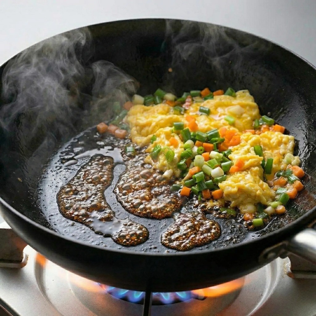 볶음밥에 간장 태워 불맛 입히기 - 팬 가장자리 간장 눌리기