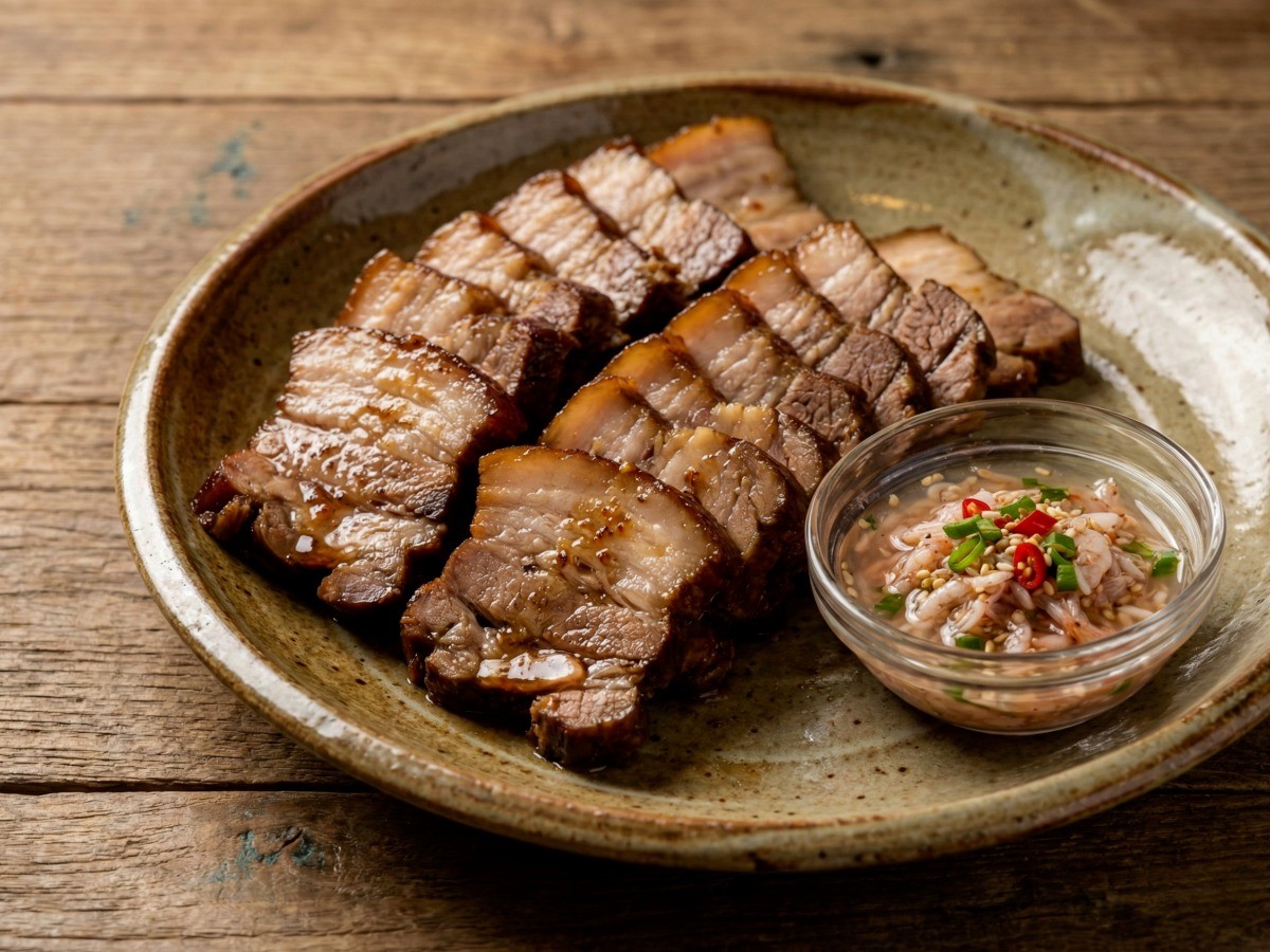 돼지고기 뒷다리살 수육과 특제 새우젓 양념장 플레이팅