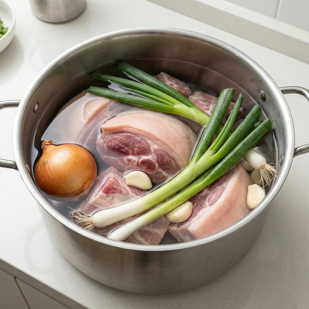 핏물을 제거한 돼지고기 뒷다리살과 껍질 양파 대파 통마늘 냄비 세팅