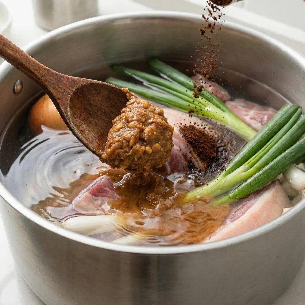 수육 잡내 제거와 색감을 위해 된장과 커피 가루를 넣는 모습