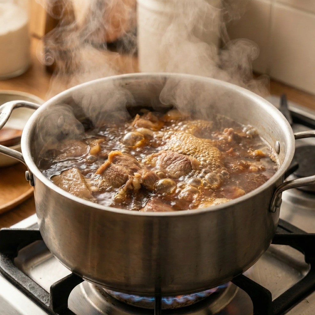 돼지고기 수육이 끓고 있는 냄비와 진하게 우러난 육수