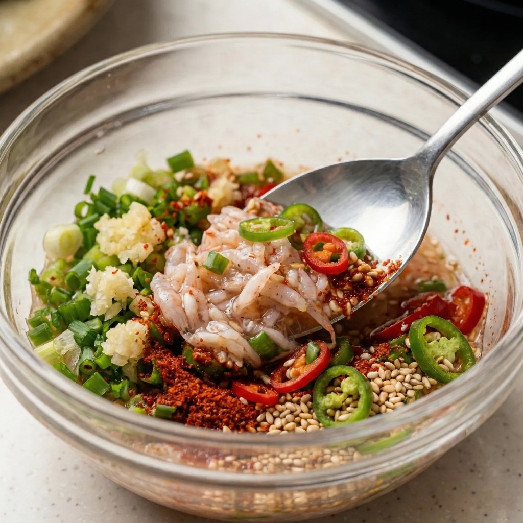 다진 채소와 양념을 섞어 만드는 감칠맛 폭발 새우젓 양념장