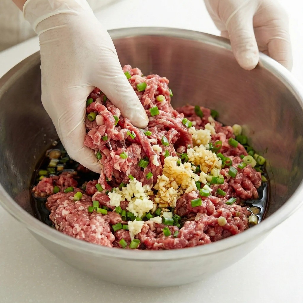 떡갈비 반죽 만들기, 간 고기와 양념을 살살 버무리는 모습
