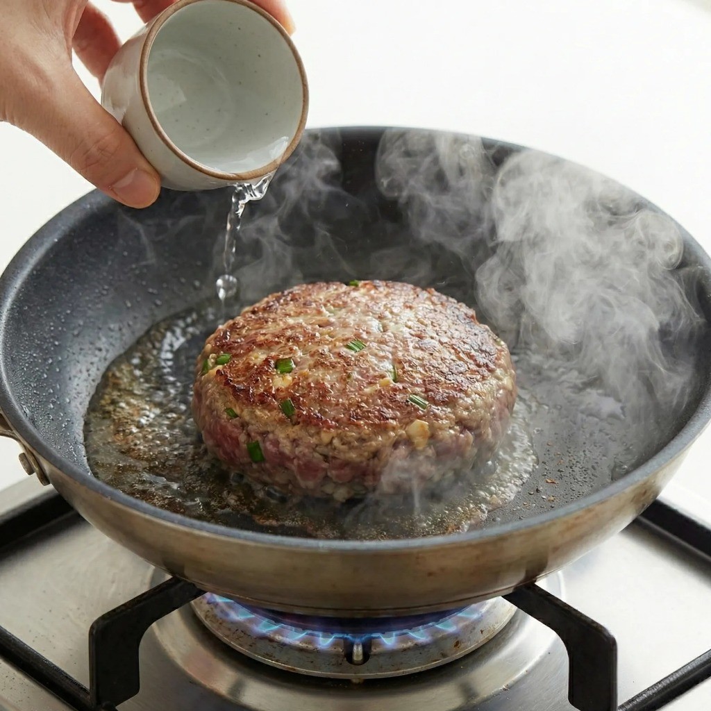 백종원 떡갈비 굽는 법, 프라이팬에 물을 부어 타지 않게 속까지 익히는 워터 프라잉 비법