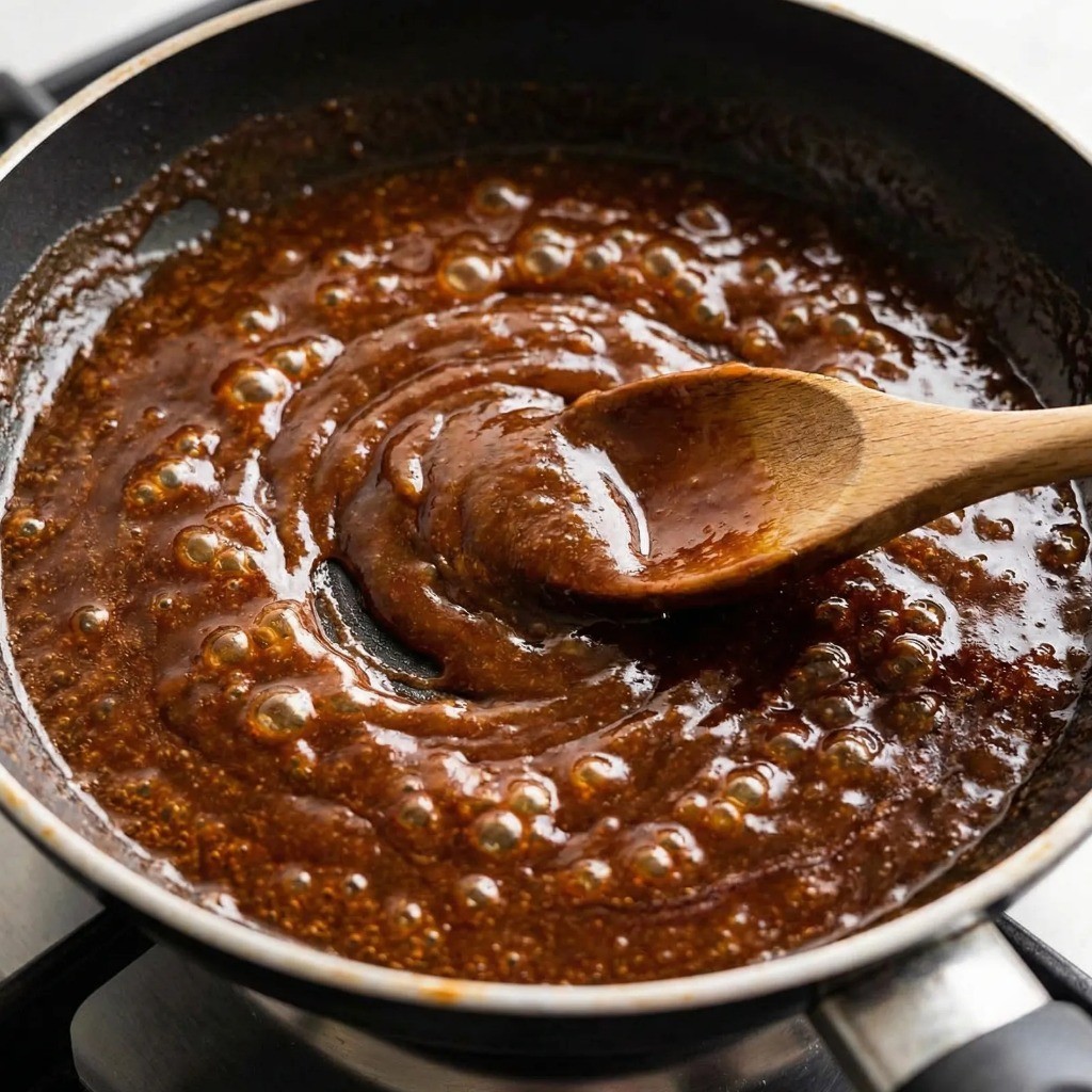 떡갈비 소스 만들기, 팬에 남은 육즙과 소스 재료를 넣어 졸이는 과정