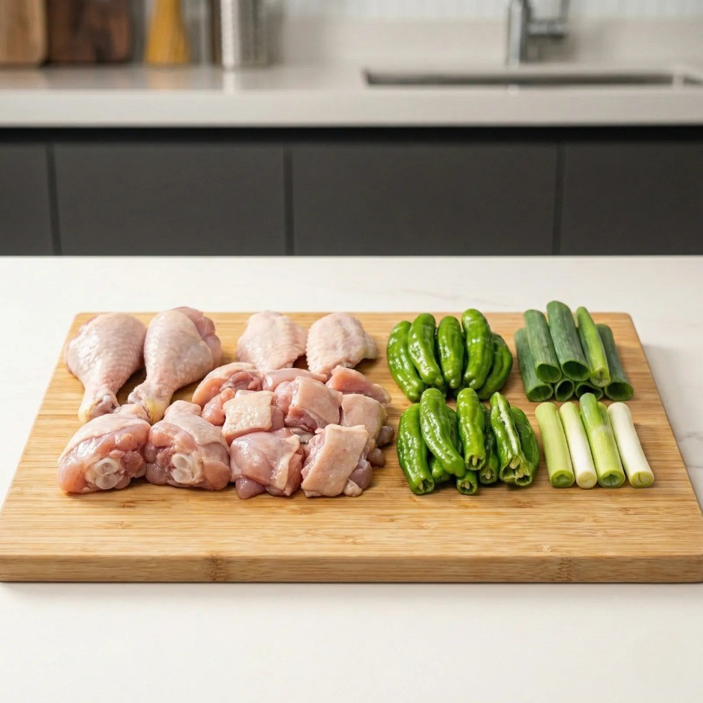 백종원 닭볶음탕 재료 손질: 닭, 꽈리고추, 대파 준비