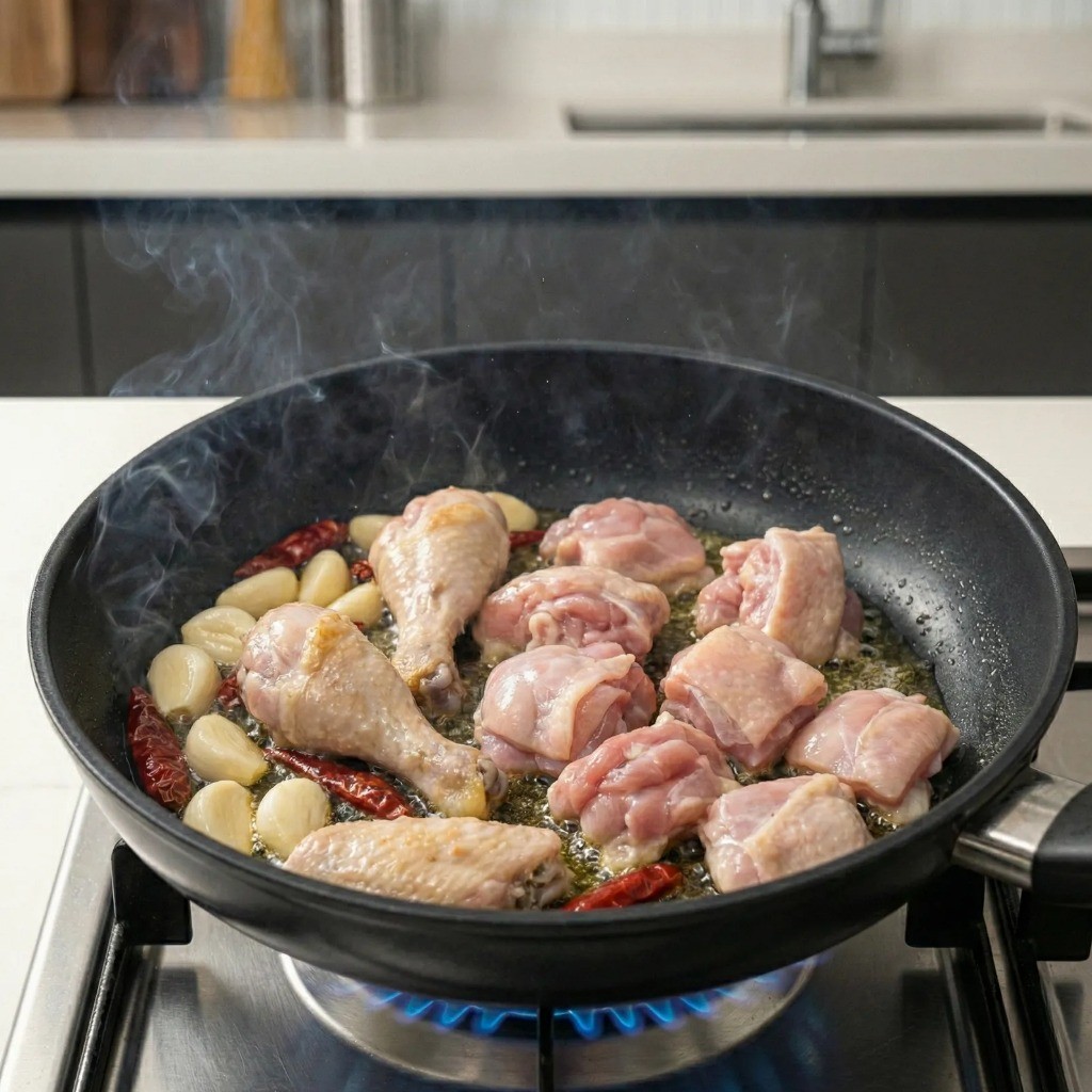 식용유에 건고추, 통마늘, 닭고기를 넣어 노릇하게 볶는 과정