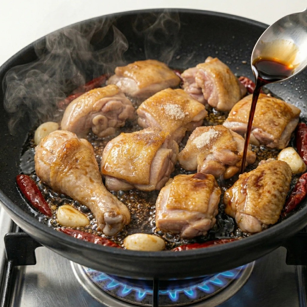 설탕과 간장을 기름에 볶아 닭고기에 불맛 입히기