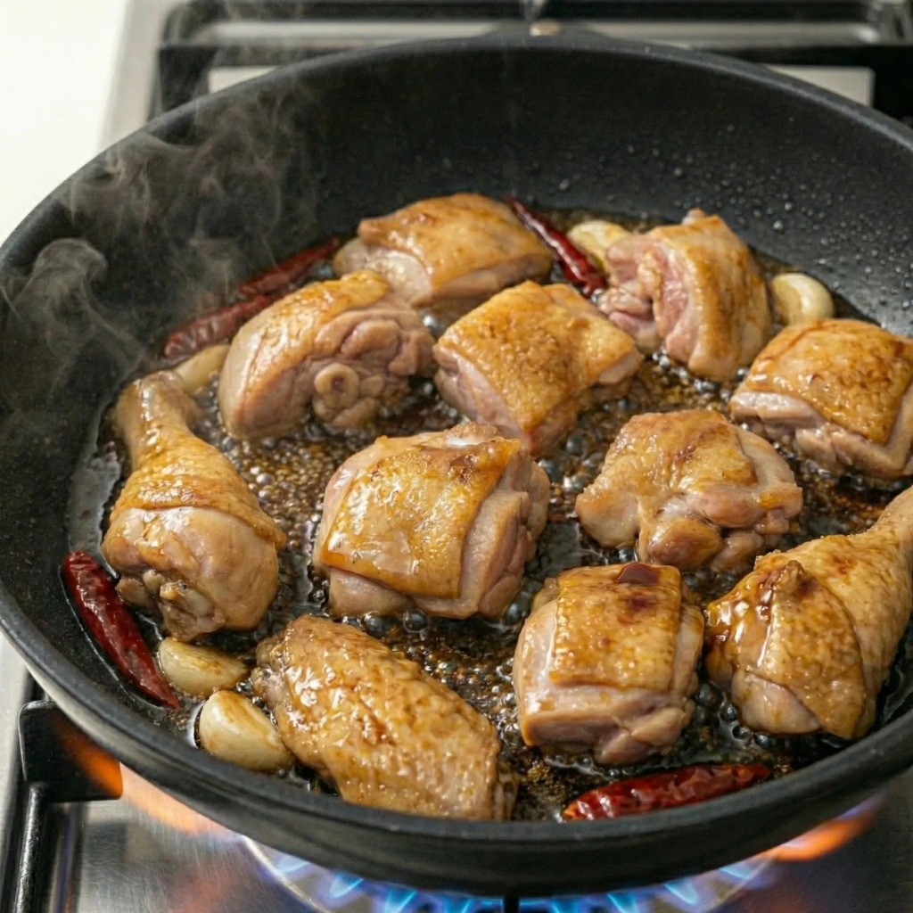 물을 붓고 닭고기와 양념을 자작하게 졸이는 모습