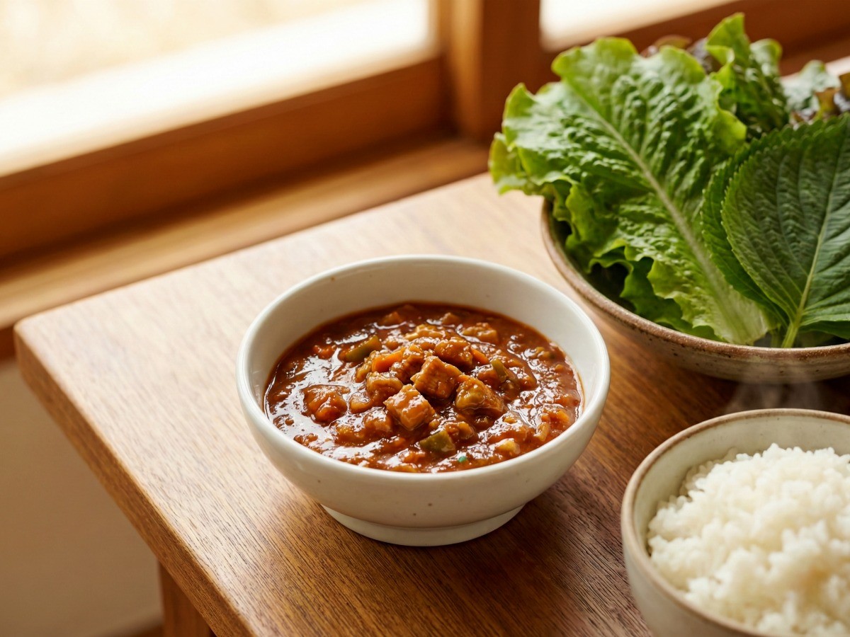백종원 레시피로 만든 윤기 나는 고기쌈장과 신선한 쌈 채소 한 상 차림