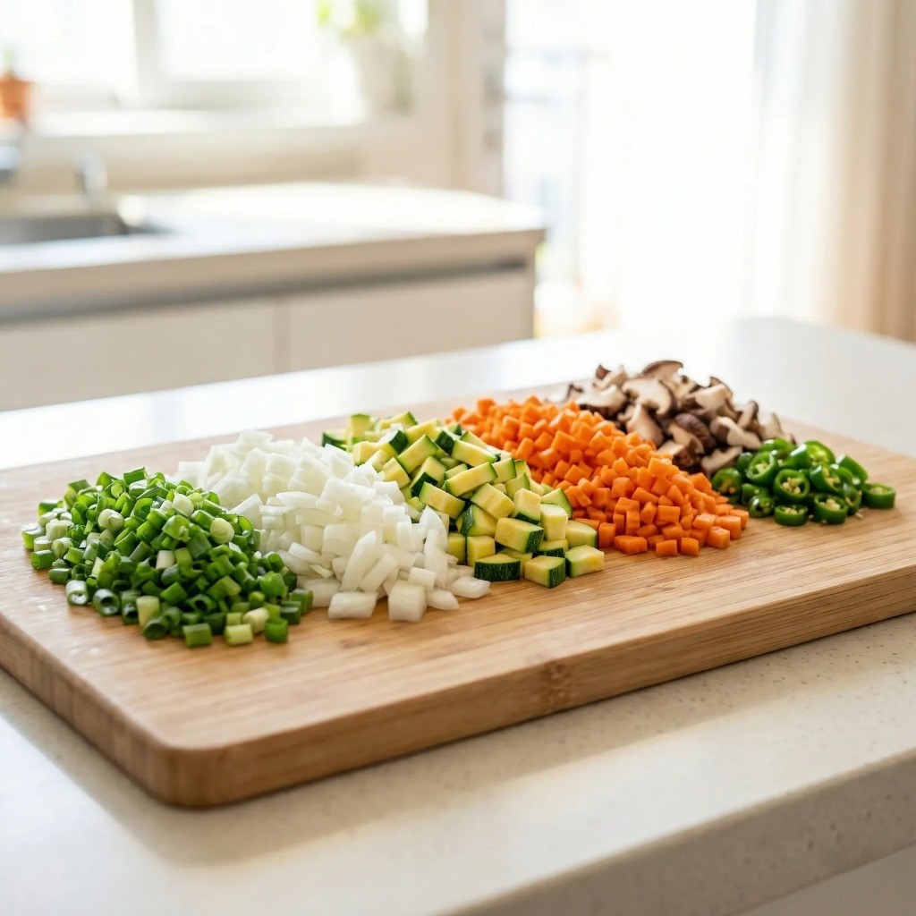 고기쌈장 재료 손질: 대파, 양파, 애호박, 당근, 표고버섯, 청양고추 잘게 다지기