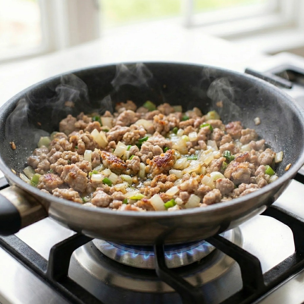 파기름에 다진 양파와 간 돼지고기를 넣고 수분이 날아갈 때까지 볶기