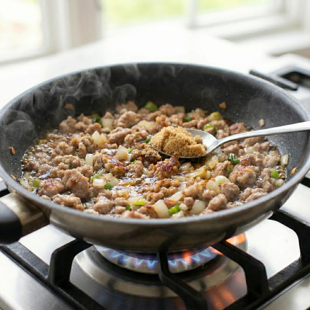 볶은 고기에 황설탕을 녹이고 진간장을 눌려 불맛과 풍미 더하기