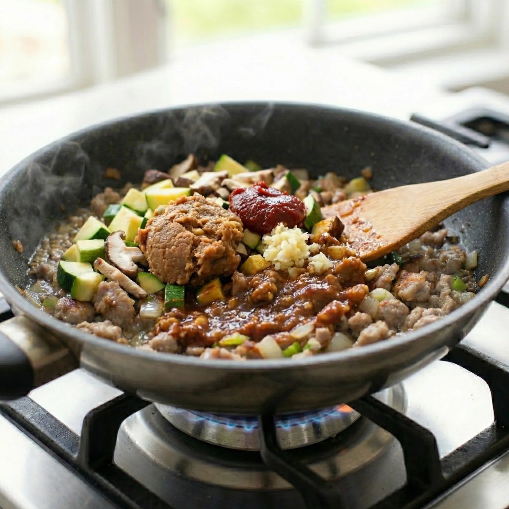 손질한 당근, 호박, 버섯 등 채소와 된장, 고추장, 마늘을 넣어 볶는 모습