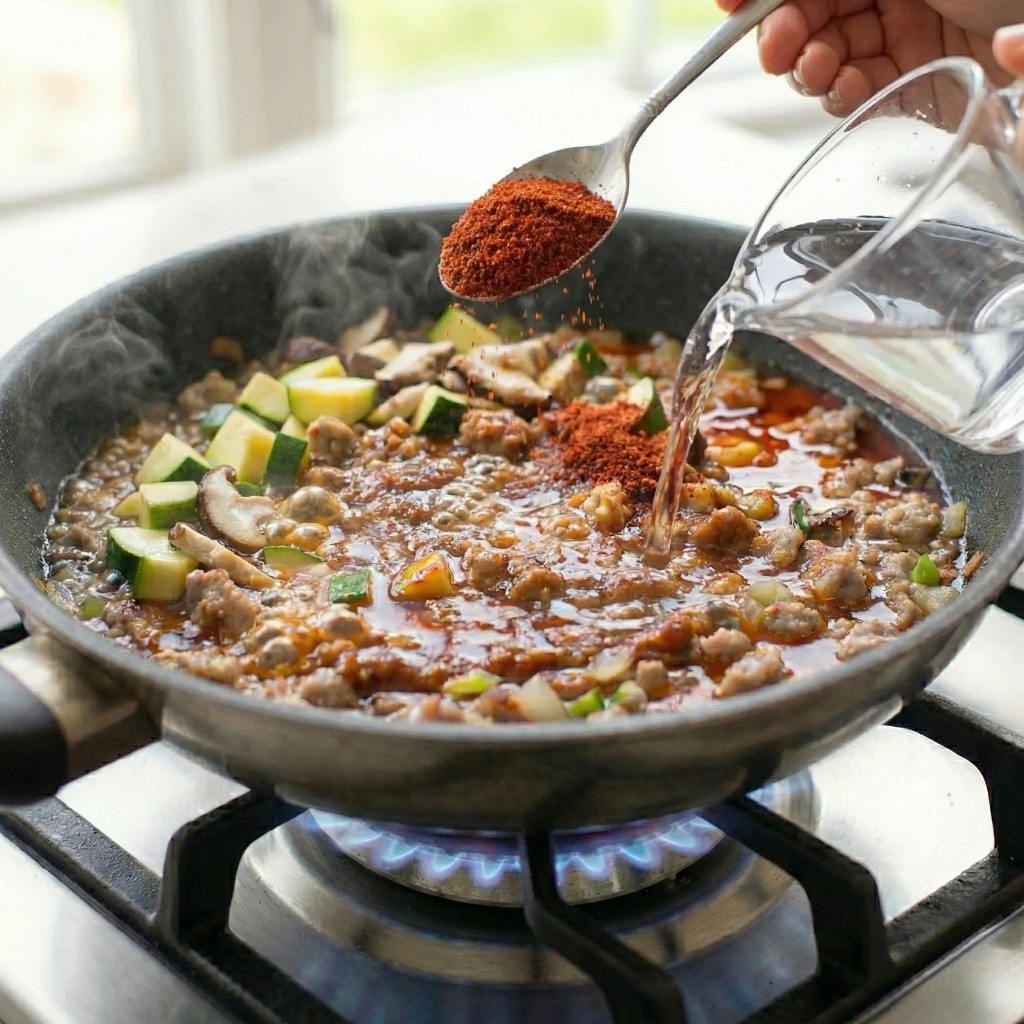 굵은 고춧가루와 물을 붓고 약불에서 자작하게 졸여 쌈장 농도 맞추기