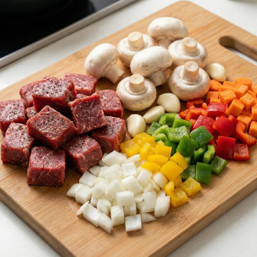 찹스테이크용 소고기 안심과 형형색색의 파프리카 양파 깍둑썰기 재료 손질