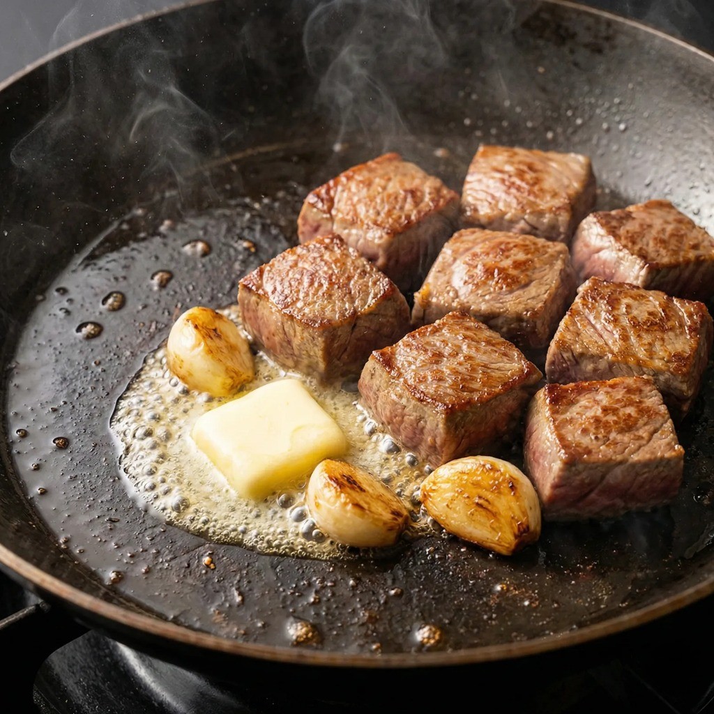 팬에 버터와 식용유를 두르고 소고기 안심을 센 불에 볶는 모습