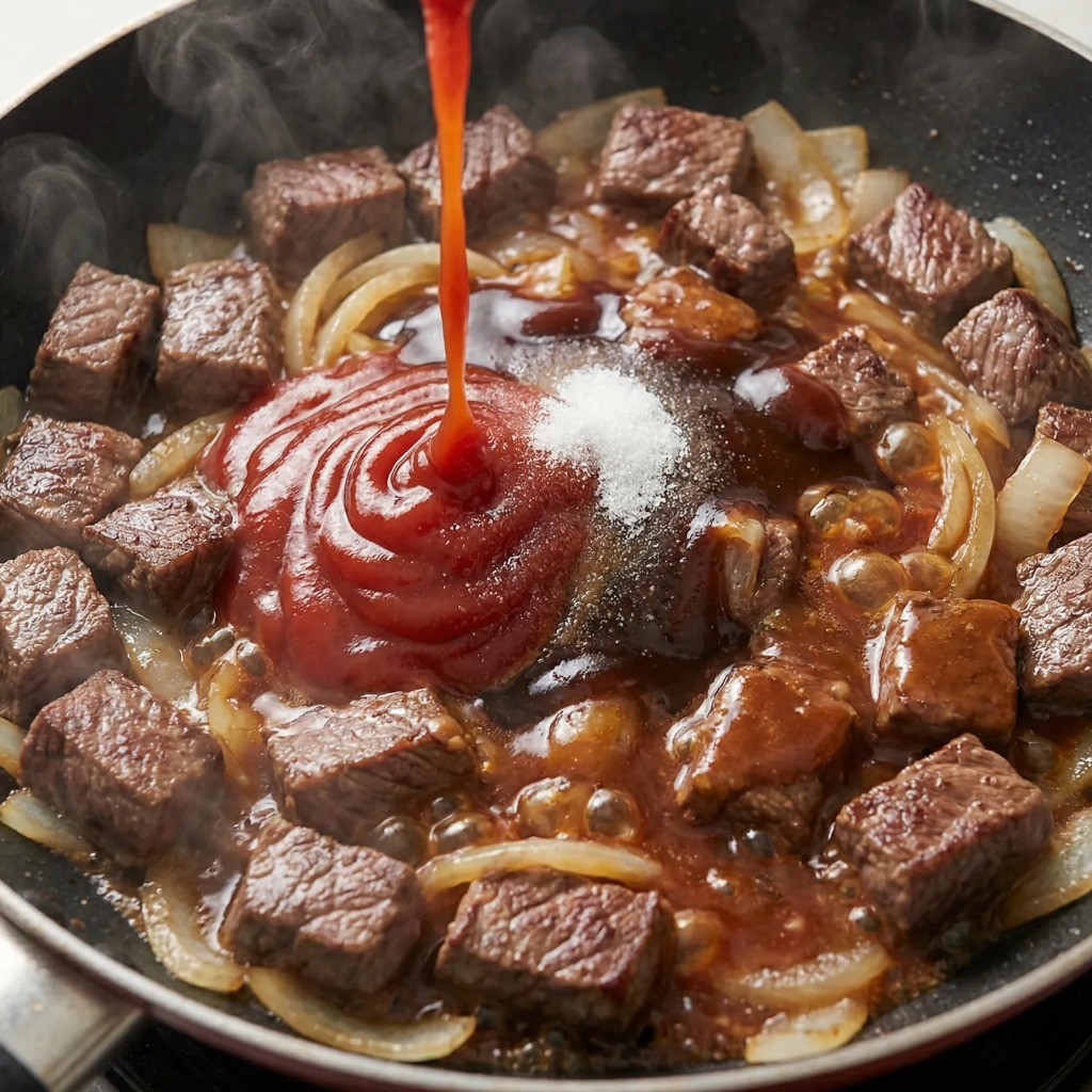 백종원 찹스테이크 소스 재료인 케찹 우스터소스 설탕을 넣고 끓이는 과정