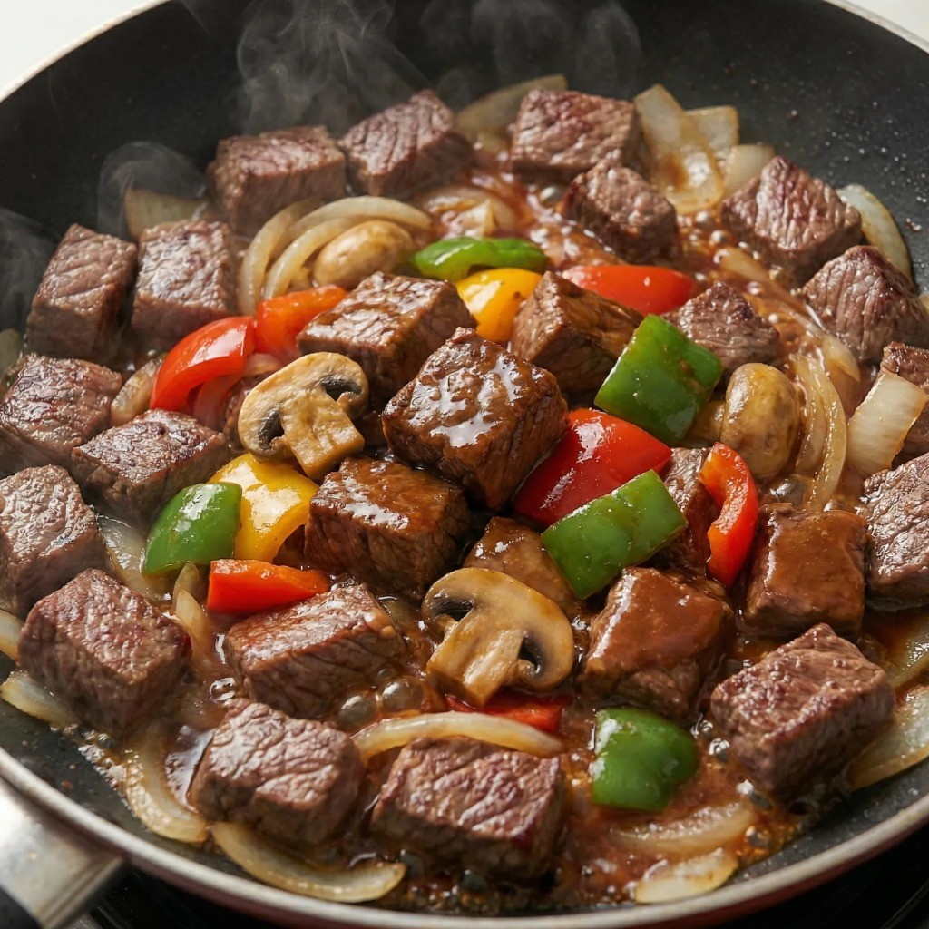 걸쭉해진 소스에 파프리카와 양송이버섯을 넣고 빠르게 볶아 완성하는 찹스테이크