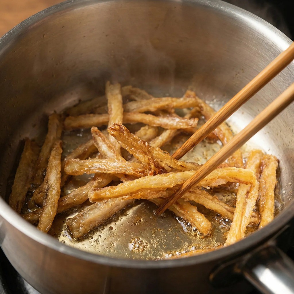 백종원 해장라면 레시피 2단계: 참기름과 식용유에 황태채 노릇하게 볶기
