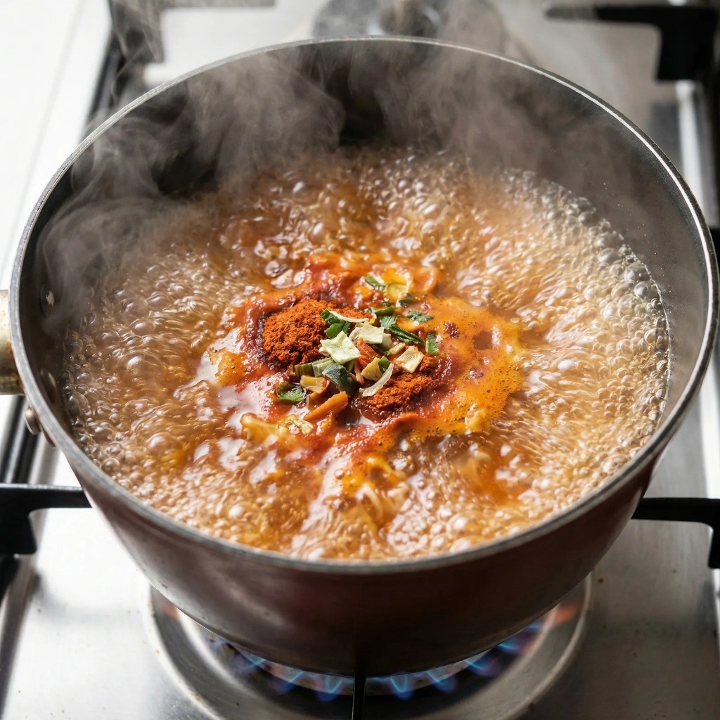 백종원 해장라면 레시피 4단계: 물을 넉넉히 붓고 라면 스프 넣어 국물 우리기