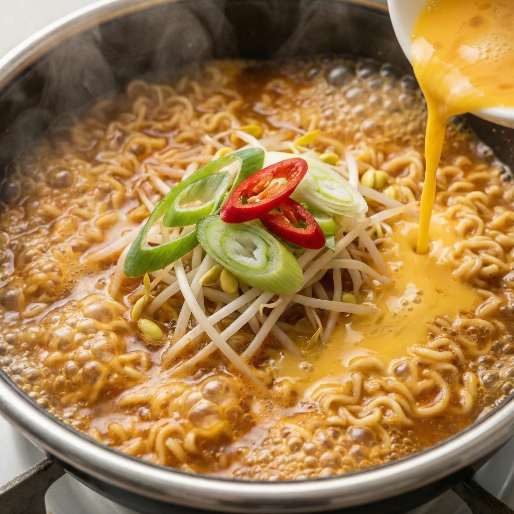 백종원 해장라면 레시피 6단계: 달걀물과 대파, 고추 토핑으로 얼큰하게 마무리