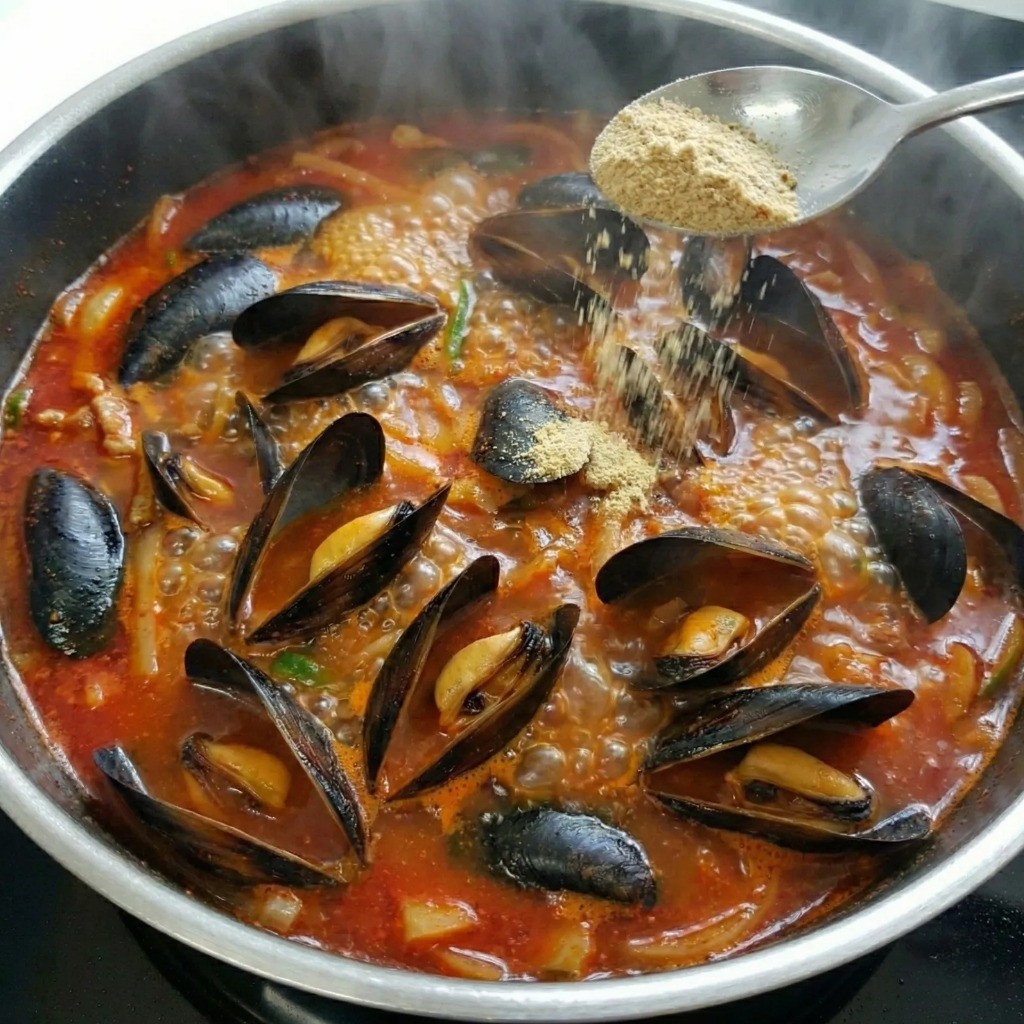 시원한 해물 짬뽕 국물 끓이기: 홍합 넣고 치킨파우더로 감칠맛 더하기