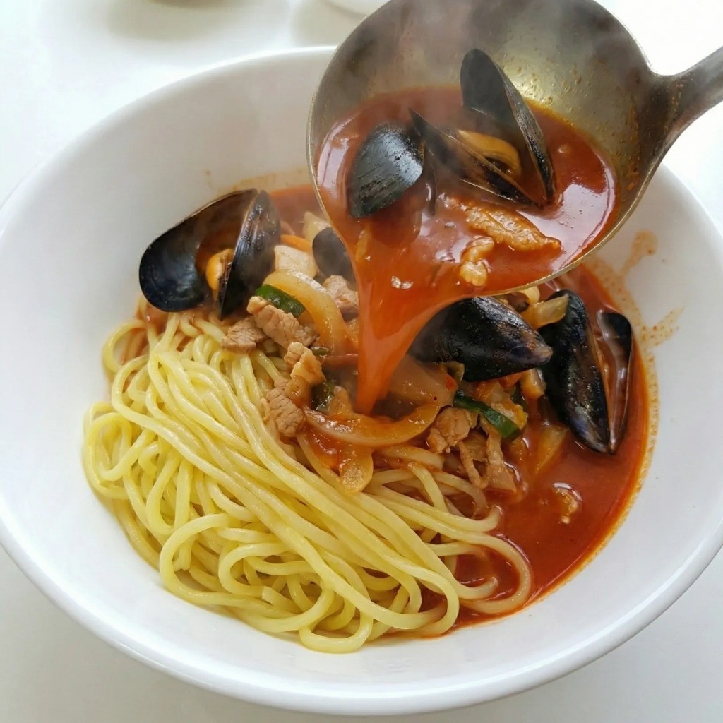 집에서 만드는 중국집 짬뽕 완성: 탱글한 면발에 얼큰한 국물 담아내기